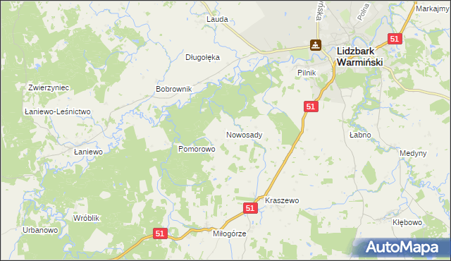 mapa Nowosady gmina Lidzbark Warmiński, Nowosady gmina Lidzbark Warmiński na mapie Targeo