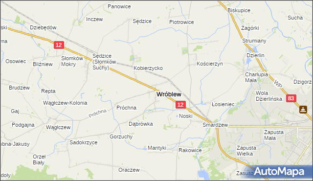 mapa Wróblew powiat sieradzki, Wróblew powiat sieradzki na mapie Targeo