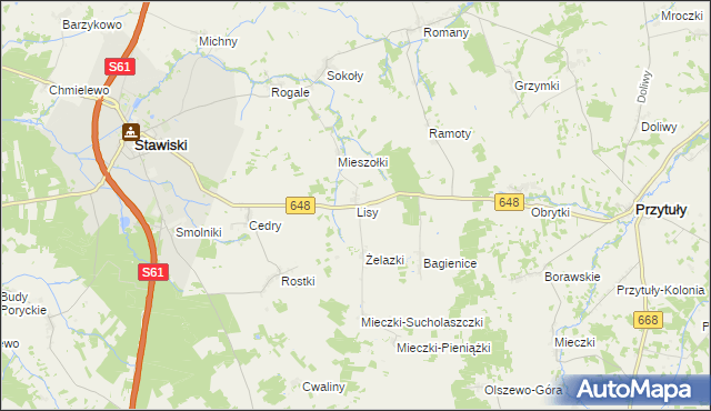 mapa Lisy gmina Stawiski, Lisy gmina Stawiski na mapie Targeo