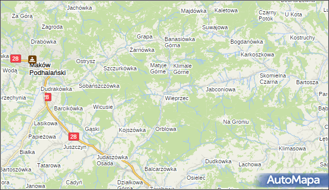 mapa Wieprzec gmina Maków Podhalański, Wieprzec gmina Maków Podhalański na mapie Targeo