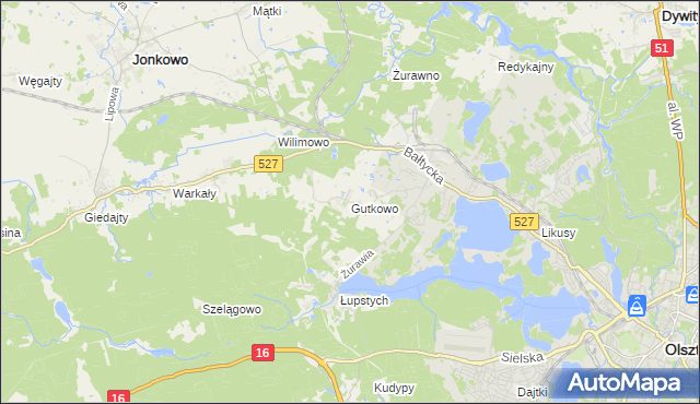 mapa Gutkowo gmina Jonkowo, Gutkowo gmina Jonkowo na mapie Targeo