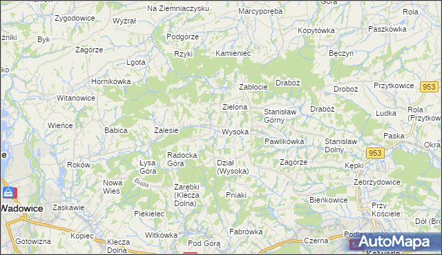 mapa Wysoka gmina Wadowice, Wysoka gmina Wadowice na mapie Targeo