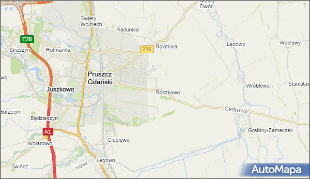 mapa Roszkowo gmina Pruszcz Gdański, Roszkowo gmina Pruszcz Gdański na mapie Targeo