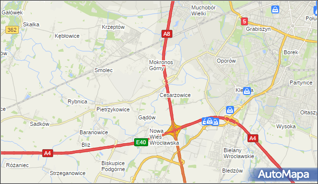 mapa Cesarzowice gmina Kąty Wrocławskie, Cesarzowice gmina Kąty Wrocławskie na mapie Targeo