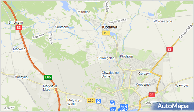 mapa Chwalęcice gmina Kłodawa, Chwalęcice gmina Kłodawa na mapie Targeo