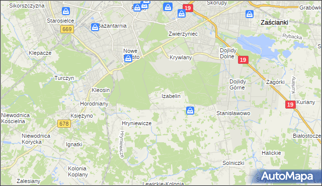 mapa Izabelin gmina Juchnowiec Kościelny, Izabelin gmina Juchnowiec Kościelny na mapie Targeo