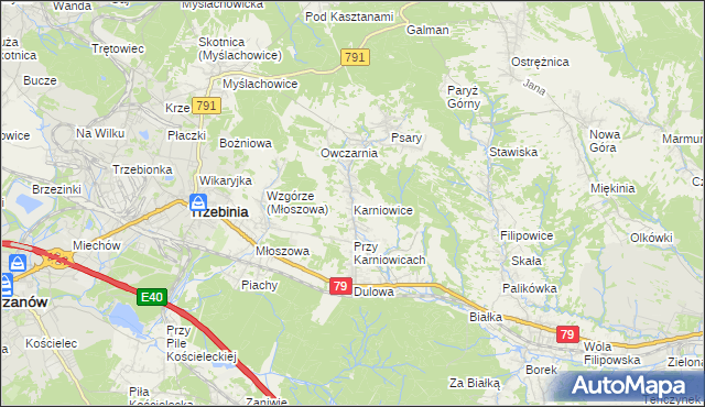 mapa Karniowice gmina Trzebinia, Karniowice gmina Trzebinia na mapie Targeo