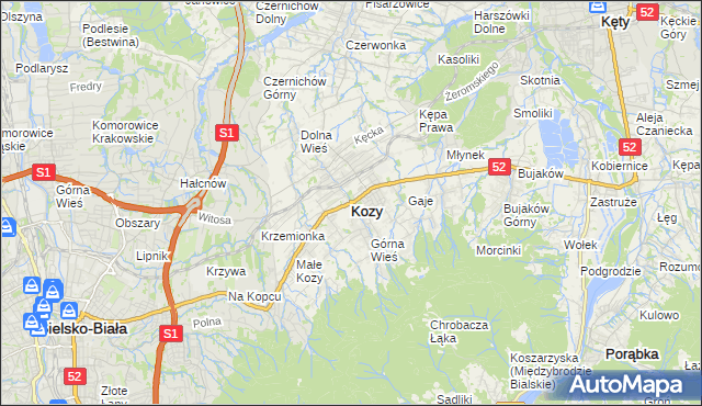mapa Kozy powiat bielski, Kozy powiat bielski na mapie Targeo