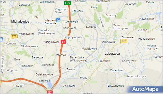 mapa Maciejowice gmina Kocmyrzów-Luborzyca, Maciejowice gmina Kocmyrzów-Luborzyca na mapie Targeo