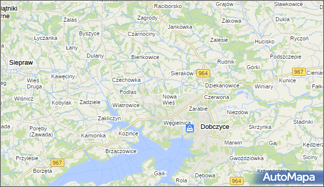 mapa Nowa Wieś gmina Dobczyce, Nowa Wieś gmina Dobczyce na mapie Targeo