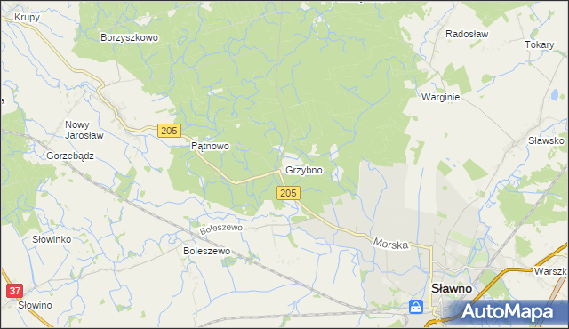 mapa Grzybno gmina Sławno, Grzybno gmina Sławno na mapie Targeo