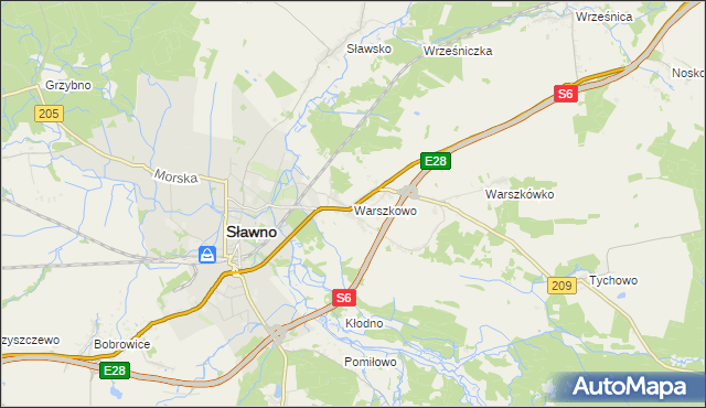 mapa Warszkowo gmina Sławno, Warszkowo gmina Sławno na mapie Targeo