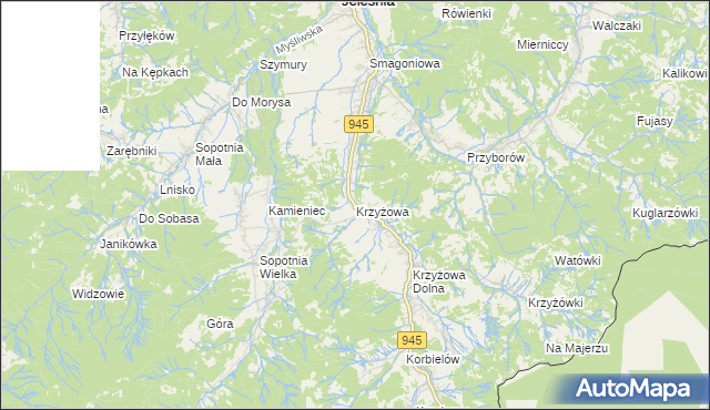 mapa Krzyżowa gmina Jeleśnia, Krzyżowa gmina Jeleśnia na mapie Targeo