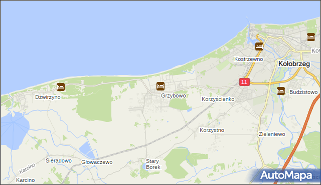 mapa Grzybowo gmina Kołobrzeg, Grzybowo gmina Kołobrzeg na mapie Targeo