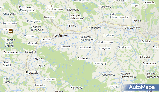 mapa Kozłówek gmina Wiśniowa, Kozłówek gmina Wiśniowa na mapie Targeo