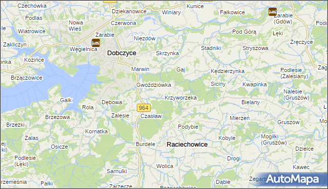 mapa Krzyworzeka gmina Raciechowice, Krzyworzeka gmina Raciechowice na mapie Targeo