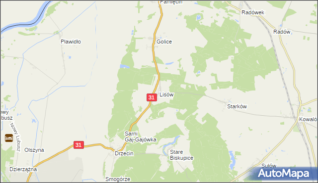 mapa Lisów gmina Słubice, Lisów gmina Słubice na mapie Targeo