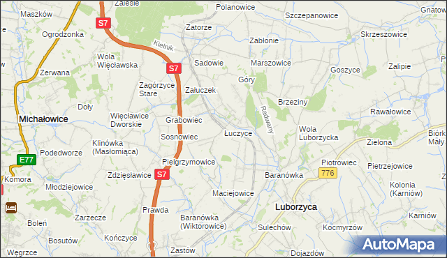 mapa Łuczyce gmina Kocmyrzów-Luborzyca, Łuczyce gmina Kocmyrzów-Luborzyca na mapie Targeo