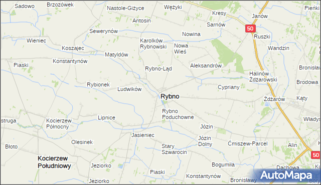 mapa Rybno powiat sochaczewski, Rybno powiat sochaczewski na mapie Targeo