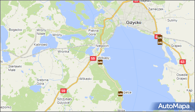 mapa Wilkasy gmina Giżycko, Wilkasy gmina Giżycko na mapie Targeo