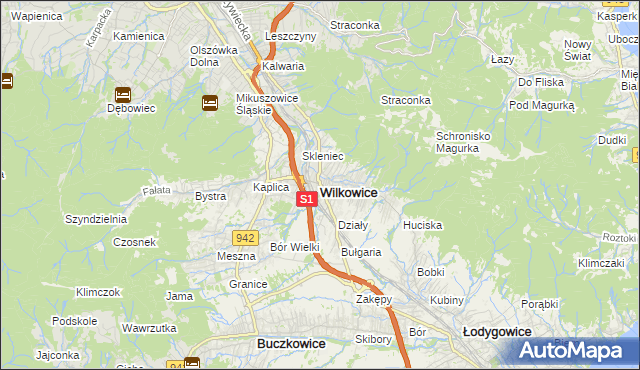 mapa Wilkowice powiat bielski, Wilkowice powiat bielski na mapie Targeo