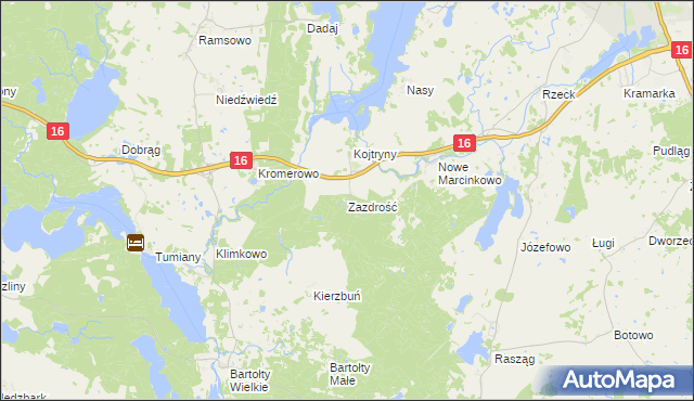 mapa Zazdrość gmina Biskupiec, Zazdrość gmina Biskupiec na mapie Targeo