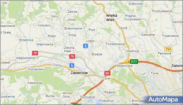 mapa Brzezie gmina Zabierzów, Brzezie gmina Zabierzów na mapie Targeo