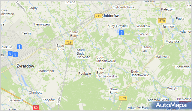 mapa Budy Michałowskie gmina Jaktorów, Budy Michałowskie gmina Jaktorów na mapie Targeo