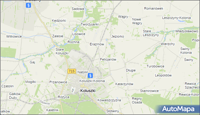 mapa Felicjanów gmina Koluszki, Felicjanów gmina Koluszki na mapie Targeo