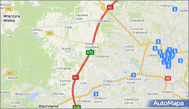 mapa Gorzelnia gmina Blachownia, Gorzelnia gmina Blachownia na mapie Targeo