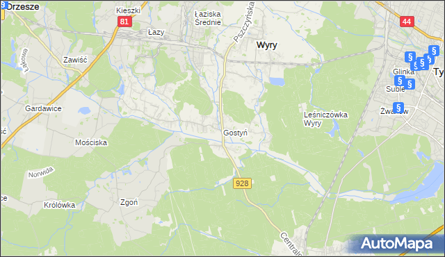 mapa Gostyń gmina Wyry, Gostyń gmina Wyry na mapie Targeo