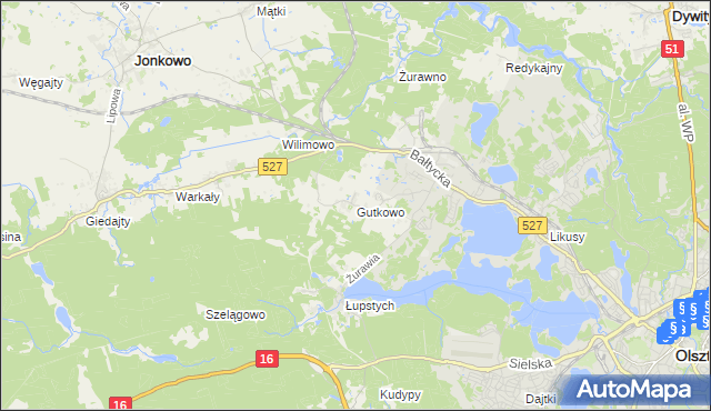 mapa Gutkowo gmina Jonkowo, Gutkowo gmina Jonkowo na mapie Targeo