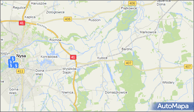 mapa Kubice gmina Nysa, Kubice gmina Nysa na mapie Targeo