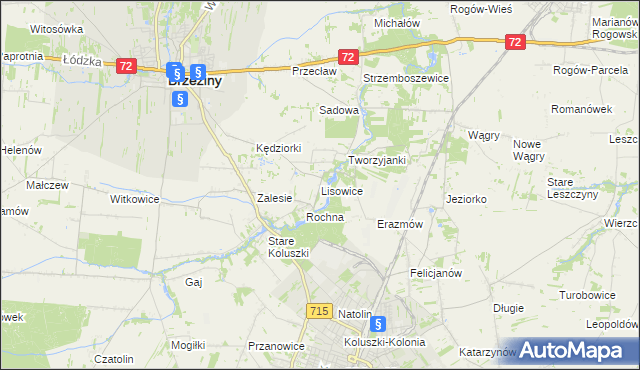 mapa Lisowice gmina Koluszki, Lisowice gmina Koluszki na mapie Targeo