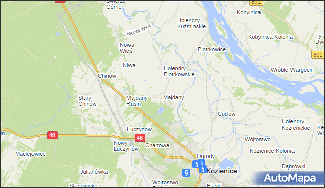 mapa Majdany gmina Kozienice, Majdany gmina Kozienice na mapie Targeo