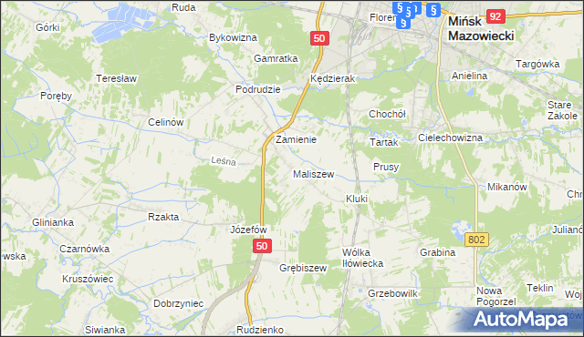 mapa Maliszew gmina Mińsk Mazowiecki, Maliszew gmina Mińsk Mazowiecki na mapie Targeo