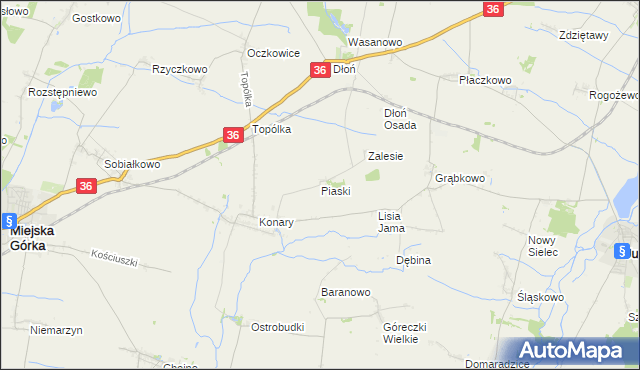 mapa Piaski gmina Miejska Górka, Piaski gmina Miejska Górka na mapie Targeo