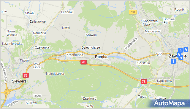 mapa Poręba powiat zawierciański, Poręba powiat zawierciański na mapie Targeo