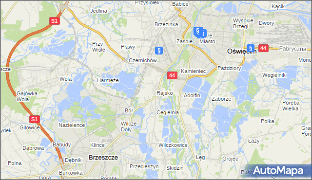 mapa Rajsko gmina Oświęcim, Rajsko gmina Oświęcim na mapie Targeo