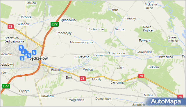 mapa Raków gmina Jędrzejów, Raków gmina Jędrzejów na mapie Targeo