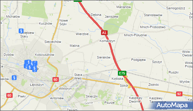 mapa Sieraków gmina Kutno, Sieraków gmina Kutno na mapie Targeo