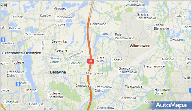 mapa Stara Wieś gmina Wilamowice, Stara Wieś gmina Wilamowice na mapie Targeo