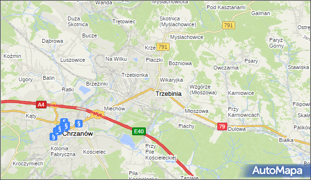 mapa Trzebinia powiat chrzanowski, Trzebinia powiat chrzanowski na mapie Targeo