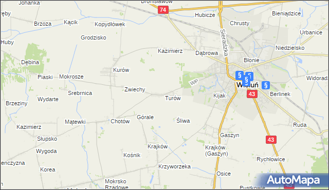 mapa Turów gmina Wieluń, Turów gmina Wieluń na mapie Targeo