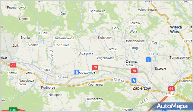 mapa Więckowice gmina Zabierzów, Więckowice gmina Zabierzów na mapie Targeo