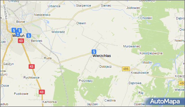 mapa Wierzchlas powiat wieluński, Wierzchlas powiat wieluński na mapie Targeo