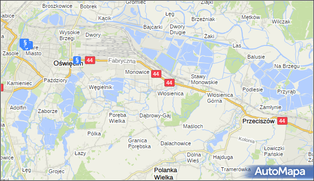 mapa Włosienica gmina Oświęcim, Włosienica gmina Oświęcim na mapie Targeo
