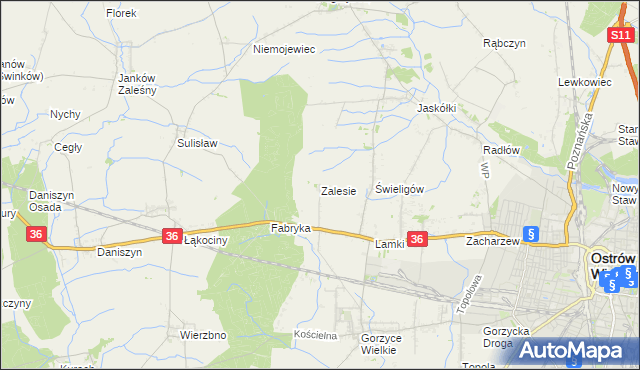 mapa Zalesie gmina Ostrów Wielkopolski, Zalesie gmina Ostrów Wielkopolski na mapie Targeo