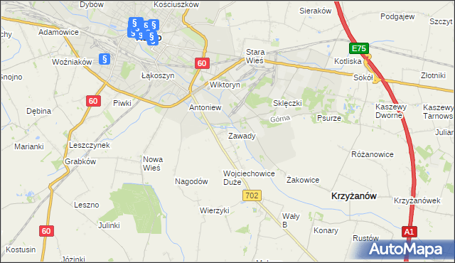 mapa Zawady gmina Krzyżanów, Zawady gmina Krzyżanów na mapie Targeo