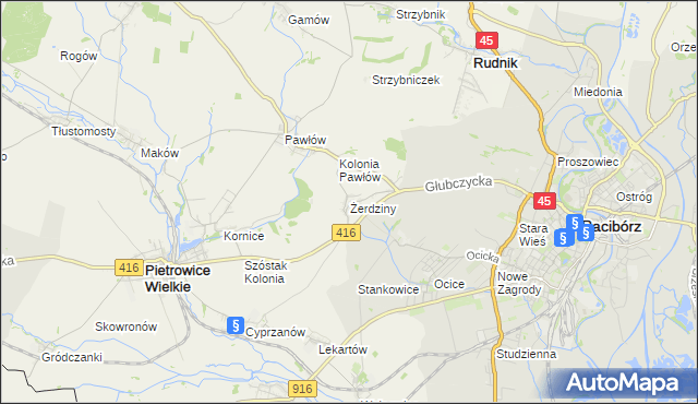 mapa Żerdziny gmina Pietrowice Wielkie, Żerdziny gmina Pietrowice Wielkie na mapie Targeo